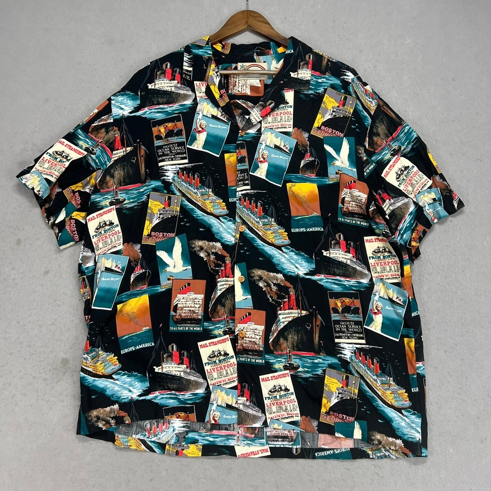 Paradise Found Hawaiian Shirt Ocean Liner Steamship Mens 2XL Rayon Made N Hawaii